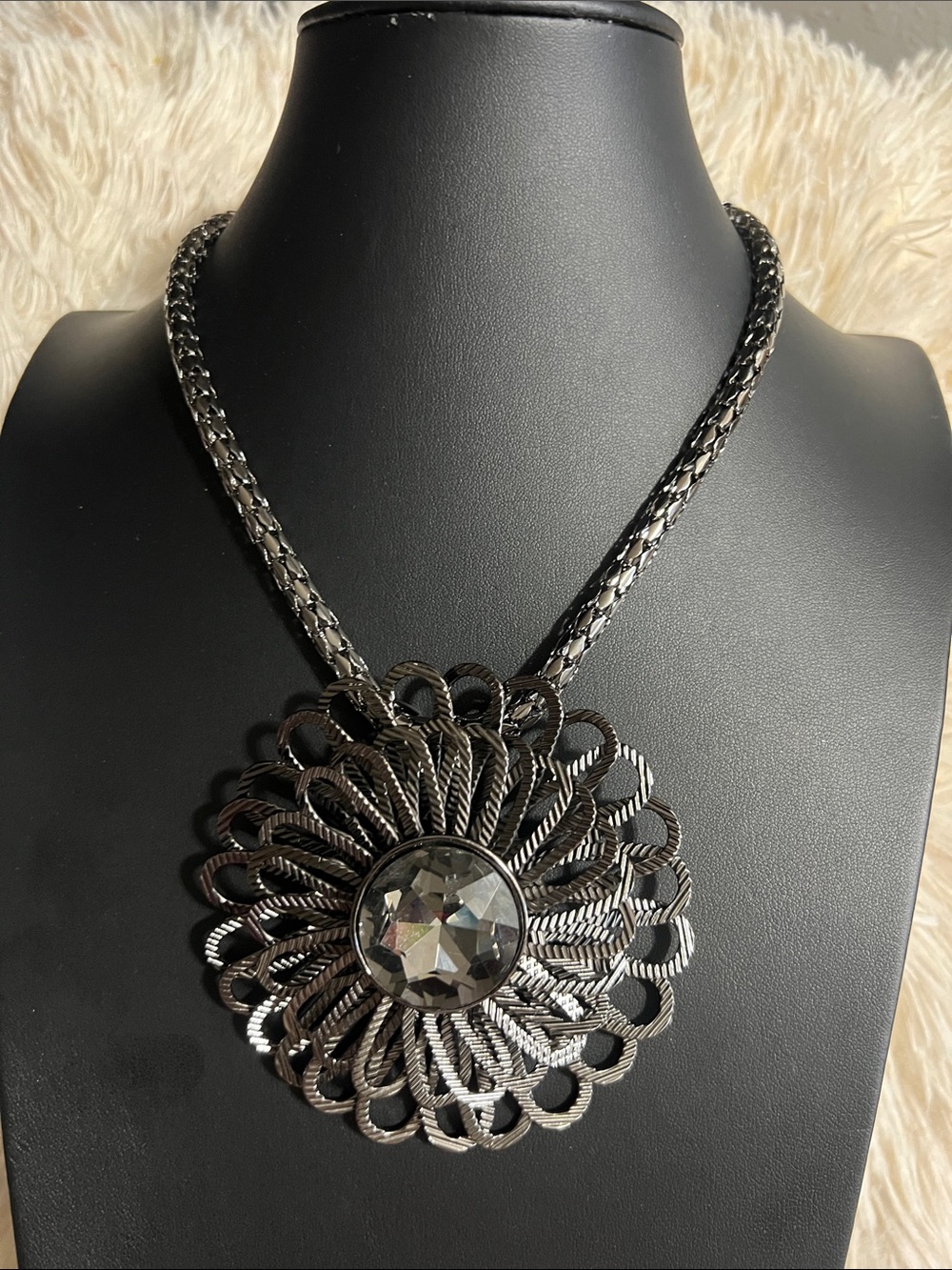 Black Statement Pendant Necklace with Faceted Crystal